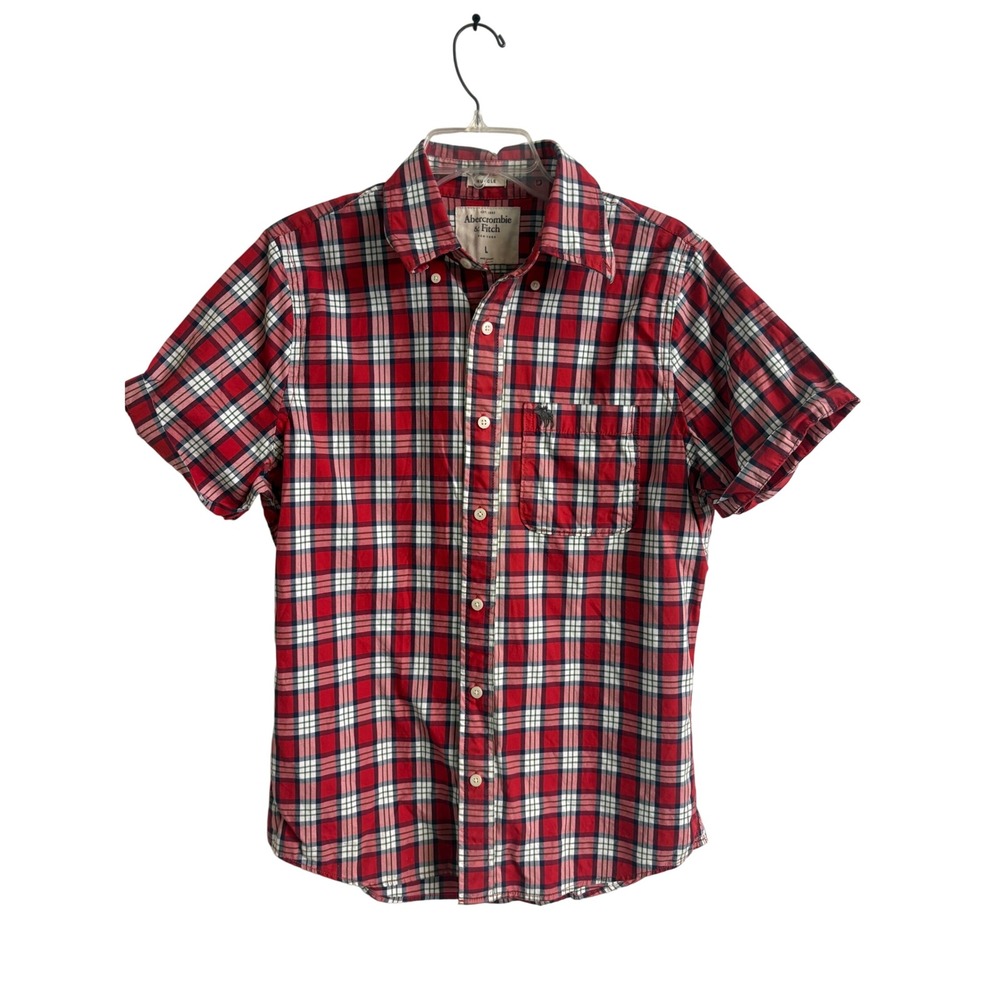 Abercrombie & Fitch Mens Muscle Fit Plaid Short Sleeve‎ Button Up Shirt Red L